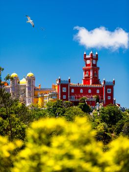 Palace of Pena in Sintra. Lisbon, Portugal. Travel Europe, holidays in Portugal. Panoramic View Of Pena Palace, Sintra, Portugal. Pena National Palace, Sintra, Portugal. 