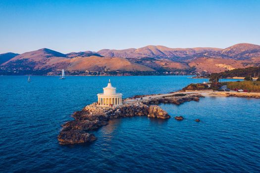 Aerial view of Lighthouse of Saint Theodore in Lassi, Argostoli, Kefalonia island in Greece. Saint Theodore lighthouse in Kefalonia island, Argostoli town, Greece, Europe.