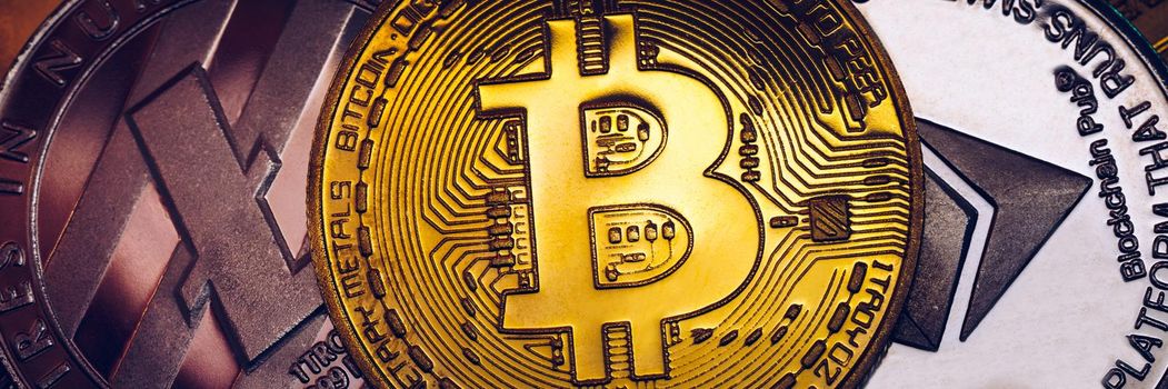 Crypto currency coin set collection, bitcoin, ethereum, litecoin, ripple. Digital currency. Cryptocurrency. Silver and golden coins with bitcoin, ripple, litecoin and ethereum symbol.