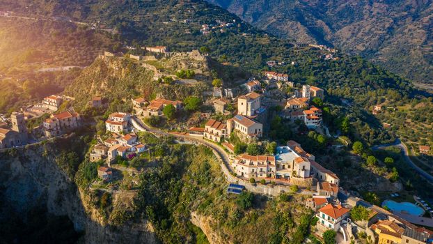 Aerial view of Savoca village in Sicily, Italy. Sicilian village Savoca (known from the Godfather movies). Houses on a hill in Savoca, small town on Sicily in Italy.