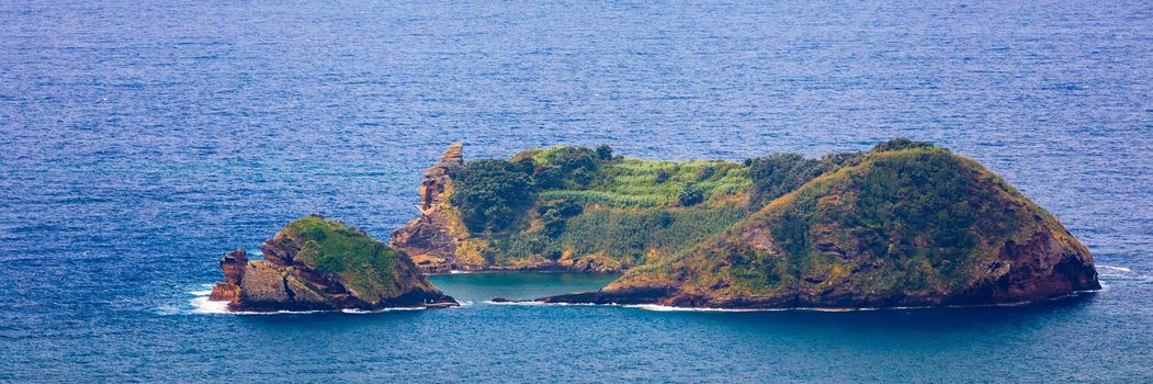 Island of Vila Franca do Campo from the chapel of Nossa Senhora da Page. San Miguel Island, Portugal. Travel to the Azores. Island of Vila Franca do Campo near San Miguel island, Azores, Portugal.
