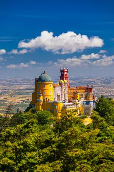 Palace of Pena in Sintra. Lisbon, Portugal. Travel Europe, holidays in Portugal. Panoramic View Of Pena Palace, Sintra, Portugal. Pena National Palace, Sintra, Portugal. 