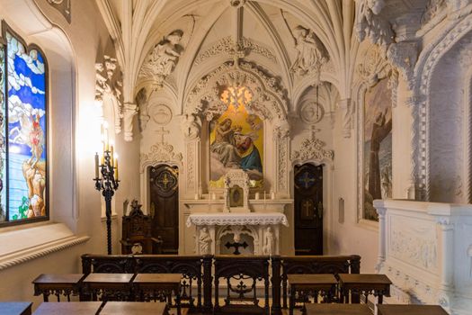 Church or Chapel at Quinta da Regaleira gothic architecture. The view to the Regaleira Chapel in the Quinta da Regaleira estate park. Sintra. Portugal