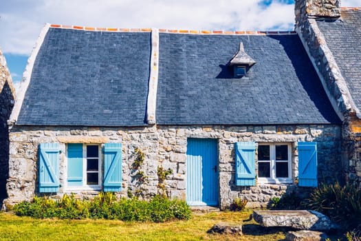 Street view of beautiful village of Rostudel former fishing village, Parc naturel regional d'Armorique. Finistere department, Camaret-sur-Mer. Brittany (Bretagne), France. 