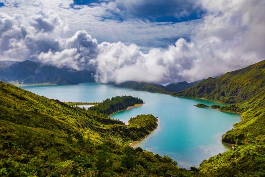 Beautiful panoramic view of Lagoa do Fogo lake in Sao Miguel Island, Azores, Portugal. "Lagoa do Fogo" in São Miguel Island, Azores. Panoramic image of Lagoa do Fogo, Sao Miguel, Azores, Portugal.