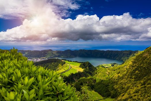 View from Miradouro da Boca do Inferno to Sete Citades, Azores, Portugal. A path leading to viewpoint Miradouro da Boca do Inferno in Sao Miguel Island, Azores, Portugal. 