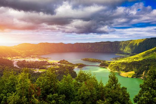 The Astonishing Lagoon Of The Seven Cities (Lagoa Das 7 Cidades), In Sao Miguel Azores, Portugal. Lagoon of the Seven Cities, Sao Miguel island, Azores. Ocean, aerial. Sao Miguel, Azores, Portugal.