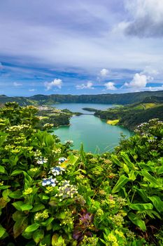 Beautiful view of Seven Cities Lake "Lagoa das Sete Cidades" from Vista do Rei viewpoint in São Miguel Island, Azores, Portugal. Lagoon of the Seven Cities, Sao Miguel island, Azores, Portugal.