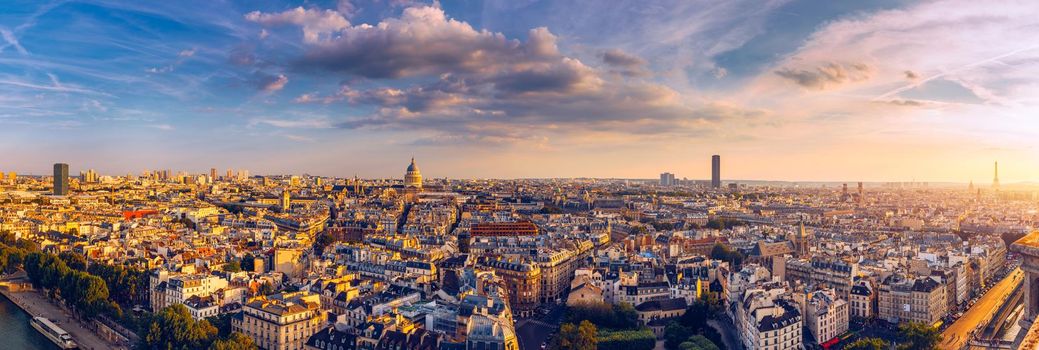 High resolution aerial panorama of Paris, France taken from the Notre Dame Cathedral before the destructive fire of 15.04.2019. The river Seine. Aerial view of Paris at sunset. Paris, France.