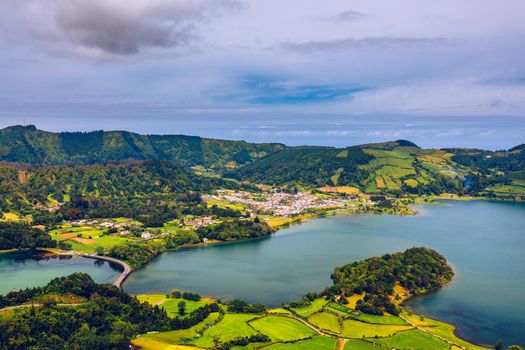 The Astonishing Lagoon Of The Seven Cities (Lagoa Das 7 Cidades), In Sao Miguel Azores, Portugal. Lagoon of the Seven Cities, Sao Miguel island, Azores. Ocean, aerial. Sao Miguel, Azores, Portugal.