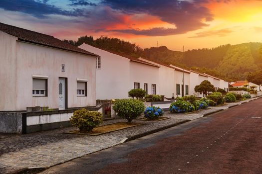 Traditional houses, Sete Cidades, Sao Miguel Island, Azores. Beautiful view of Sete Cidades village in Sao Miguel Island, Azores, Portugal. 