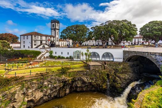 Panoramic cityscape view to Municipality and central square Of Ribeira Grande, Sao Miguel, Azores, Portugal. Central square of Ribeira Grande, Sao Miguel, Azores, Portugal.