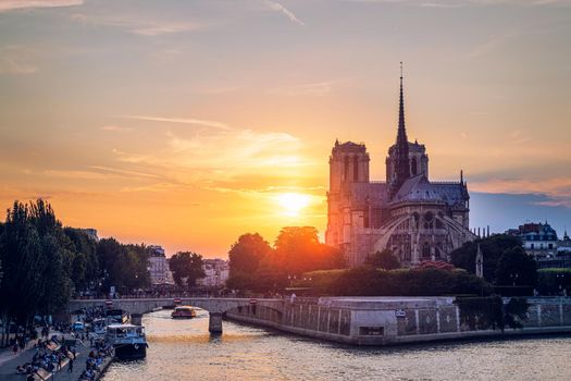 Notre Dame de Paris cathedral, France. Notre Dame de Paris Cathedral, most beautiful Cathedral in Paris. Picturesque sunset over Cathedral of Notre Dame de Paris, destroyed in a fire in 2019, Paris.