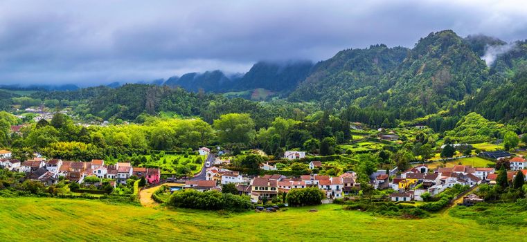 View of Furnas Village in São Miguel Island, Azores, Portugal. View of Furnas a famous village for hotsprings geothermal in São Miguel Island Azores Portugal. 