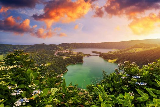 Beautiful view of Seven Cities Lake "Lagoa das Sete Cidades" from Vista do Rei viewpoint in São Miguel Island, Azores, Portugal. Lagoon of the Seven Cities, Sao Miguel island, Azores, Portugal.