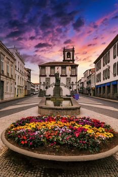 City Hall in Ponta Delgada, Azores, Portugal. Ponta Delgada City Hall with a bell tower in the capital of the Azores. Portugal, Sao Miguel. Town Hall, Ponta Delgada, Sao Miguel, Azores, Portugal