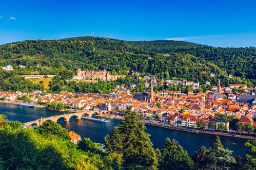 Heidelberg skyline aerial view from above. Heidelberg skyline aerial view of old town river and bridge, Germany. Aerial View of Heidelberg, Germany Old Town. Video of the aerial view of Heidelberg.