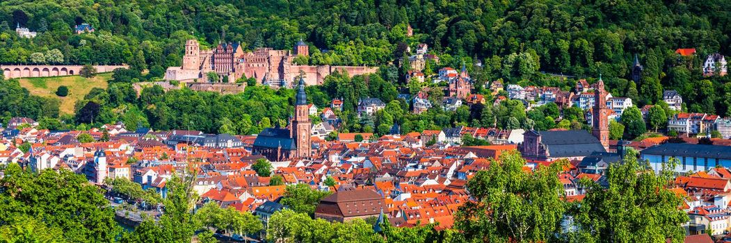 Heidelberg skyline aerial view from above. Heidelberg skyline aerial view of old town river and bridge, Germany. Aerial View of Heidelberg, Germany Old Town. Video of the aerial view of Heidelberg.