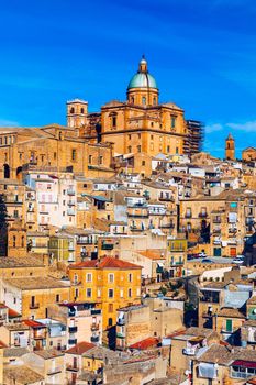 Piazza Armerina in the Enna province of Sicily in Italy. Piazza Armerina cityscape with the Cathedral SS. Assunta and old town, Sicily, Piazza Armerina, Province of Enna, Sicily, Italy, Europe.