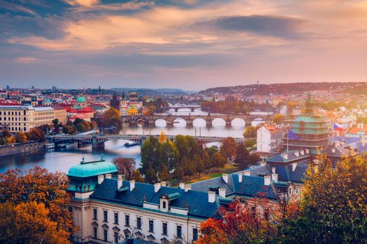 Charles Bridge in Prague in Czechia. Prague, Czech Republic. Charles Bridge (Karluv Most) and Old Town Tower. Vltava River and Charles Bridge. Concept of world travel, sightseeing and tourism.