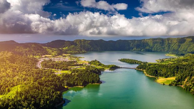 Beautiful view of Seven Cities Lake "Lagoa das Sete Cidades" from Vista do Rei viewpoint in São Miguel Island, Azores, Portugal. Lagoon of the Seven Cities, Sao Miguel island, Azores, Portugal.