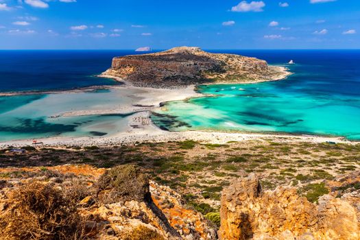 Amazing beach with turquoise water at Balos Lagoon and Gramvousa in Crete, Greece. Cap tigani in the center. Balos beach on Crete island, Greece. Landscape of Balos beach at Crete island in Greece.