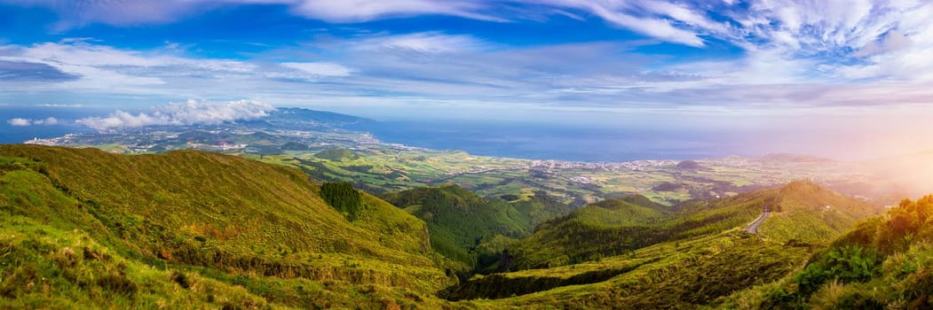 Azores panoramic view of natural landscape, wonderful scenic island of Portugal. Beautiful lagoons in volcanic craters and green fields. Tourist attraction and travel destination. Azores, Portugal.