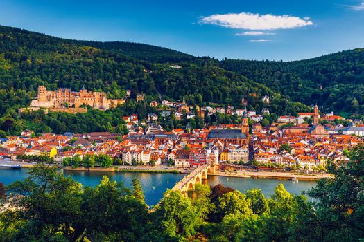Landmark and beautiful Heidelberg town with Neckar river, Germany. Heidelberg town with the famous Karl Theodor old bridge and Heidelberg castle, Heidelberg, Germany. 