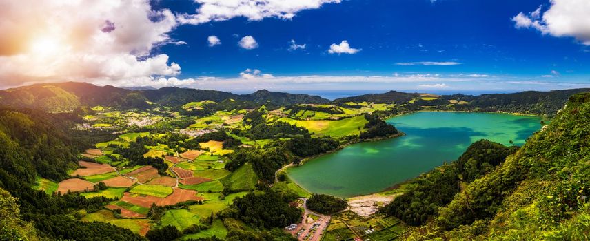 Aerial view of Lagoa das Furnas located on the Azorean island of Sao Miguel, Azores, Portugal. Lake Furnas (Lagoa das Furnas) on Sao Miguel, Azores, Portugal from the Pico do Ferro scenic viewpoint.