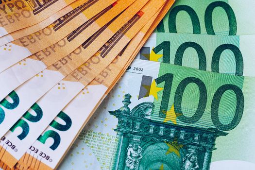 Euro money, Euro cash background. Banknotes of the european union. Euro cash. Many Euro banknotes of different values. 