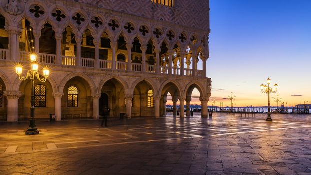 Piazza San Marco at sunrise, Vinice, Italy. Doges Palace (Palazzo Ducale) on Saint Mark square at sunrise, Venice, Venezia, Italy, Europe