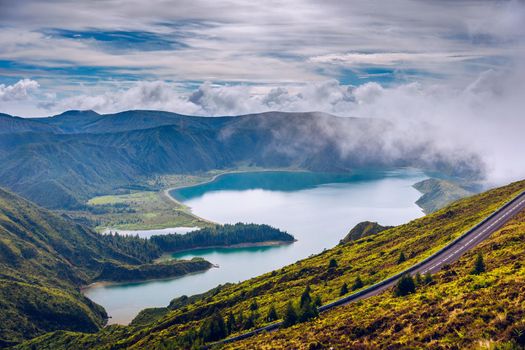 Beautiful panoramic view of Lagoa do Fogo lake in Sao Miguel Island, Azores, Portugal. "Lagoa do Fogo" in São Miguel Island, Azores. Panoramic image of Lagoa do Fogo, Sao Miguel, Azores, Portugal.