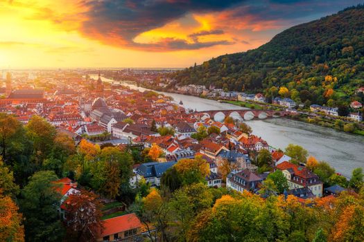 Landmark and beautiful Heidelberg town with Neckar river, Germany. Heidelberg town with the famous Karl Theodor old bridge and Heidelberg castle, Heidelberg, Germany. 