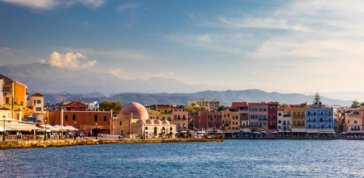 Picturesque old port of Chania. Landmarks of Crete island. Greece. Bay of Chania at sunny summer day, Crete Greece. View of the old port of Chania, Crete, Greece. The port of chania, or Hania. 