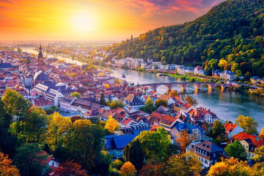 Heidelberg skyline aerial view from above. Heidelberg skyline aerial view of old town river and bridge, Germany. Aerial View of Heidelberg, Germany Old Town. Video of the aerial view of Heidelberg.