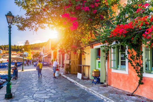 Fiskardo village, Kefalonia island, Greece. Fiscardo on the Island of Kefalonia in Greece. The holiday destination. Beautiful narrow streets in Fiskardo, Kefalonia, Greece
