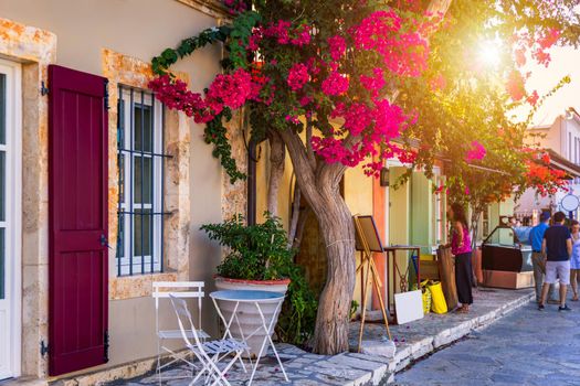 Fiskardo village, Kefalonia island, Greece. Fiscardo on the Island of Kefalonia in Greece. The holiday destination. Beautiful narrow streets in Fiskardo, Kefalonia, Greece