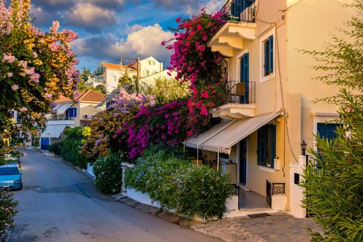 Fiskardo village, Kefalonia island, Greece. Fiscardo on the Island of Kefalonia in Greece. The holiday destination. Beautiful narrow streets in Fiskardo, Kefalonia, Greece