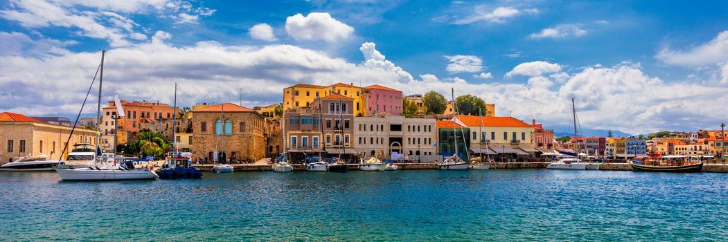 Picturesque old port of Chania. Landmarks of Crete island. Greece. Bay of Chania at sunny summer day, Crete Greece. View of the old port of Chania, Crete, Greece. The port of chania, or Hania. 
