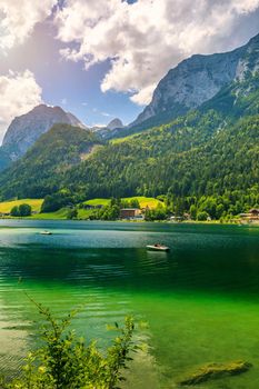 Hintersee lake beautiful scene of mountains and turquoise water of Hintersee lake. Location: resort Ramsau, National park Berchtesgadener Land, Upper Bavaria, Germany Alps, Europe