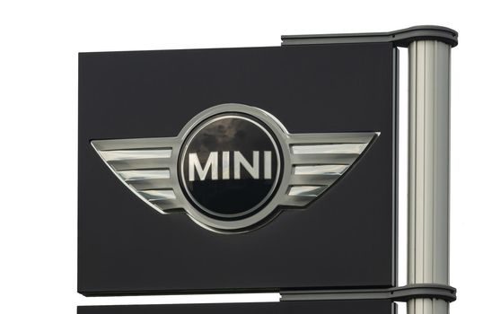 GERMANY, STUTTGART - May 15, 2021: MINI logo on black banner, white isolated background. Stock photo.