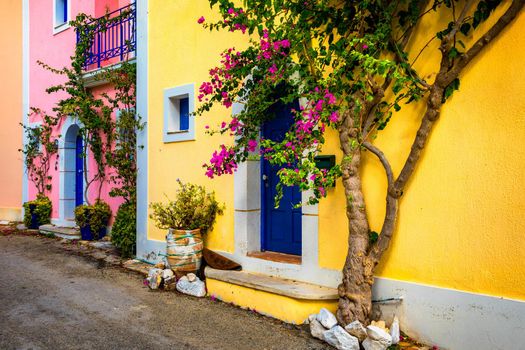 Traditional street with greek houses with flowers in Assos, Kefalonia island. Traditional colorful greek houses in Assos village. Blooming fuchsia plant flowers. Kefalonia island, Greece