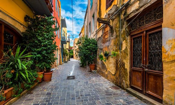 Charming streets of Greek islands, Crete. Street in the old town of Chania, Crete, Greece. Beautiful street in Chania, Crete island, Greece. Summer landscape. Travel and vacation.