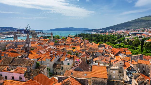 View at town Trogir, old touristic place in Croatia Europe. Trogir town coastal view. Magnificent Trogir, Croatia. Sunny old Venetian town, Dalmatian Coast in Croatia.