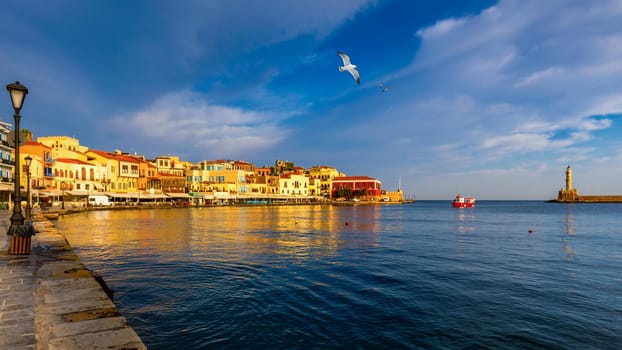 View of old port of Chania. Landmarks of Crete island. Greece. Bay of Chania at sunny summer day, Crete Greece. View of the old port of Chania, Crete, Greece. The port of chania, or Hania. 
