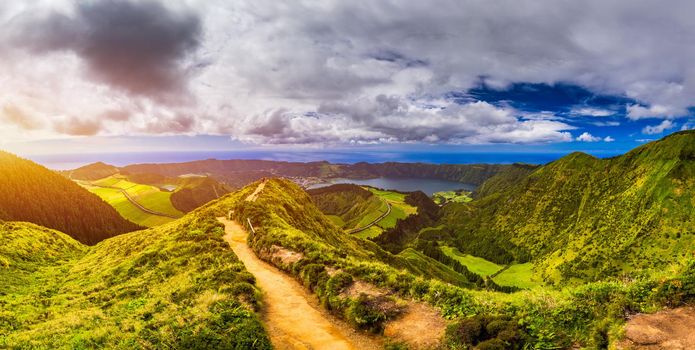 View of Sete Cidades near Miradouro da Grota do Inferno viewpoint, Sao Miguel Island, Azores, Portugal. Grota do Inferno viewpoint at Sete Cidades on Sao Miguel Island, Azores, Portugal.