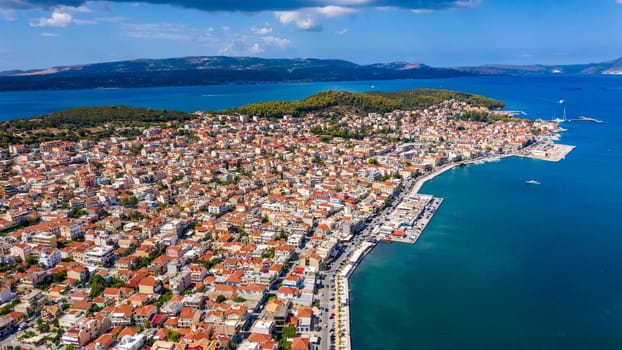 Aerial drone view of Argostoli (Argostolion), famous city and capital of Cefalonia (Kefalonia) island, Ionian islands, Greece. Argostoli town, former municipality on the island of Kefalonia, Greece.