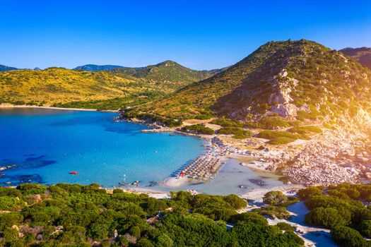 Cost of Sardinia: Peninsula of Punta Molentis. View of beautiful beach at Punta Molentis, Villasimius, Sardinia, Italy. Beautiful bay with sandy beach at Punta Molentis, Sardinia island, Italy.