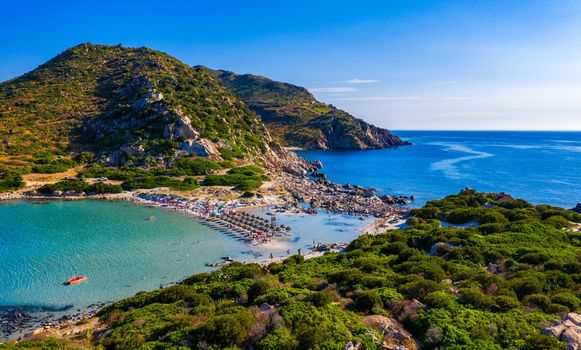 Cost of Sardinia: Peninsula of Punta Molentis. View of beautiful beach at Punta Molentis, Villasimius, Sardinia, Italy. Beautiful bay with sandy beach at Punta Molentis, Sardinia island, Italy.