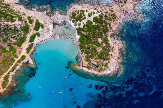 Cost of Sardinia: Peninsula of Punta Molentis. View of beautiful beach at Punta Molentis, Villasimius, Sardinia, Italy. Beautiful bay with sandy beach at Punta Molentis, Sardinia island, Italy.